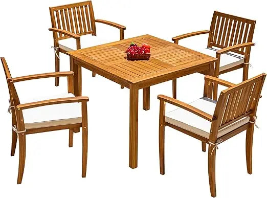 5 Piece Outdoor Dining Set Acacia Wood Patio Table and Chairs with Soft Cushions