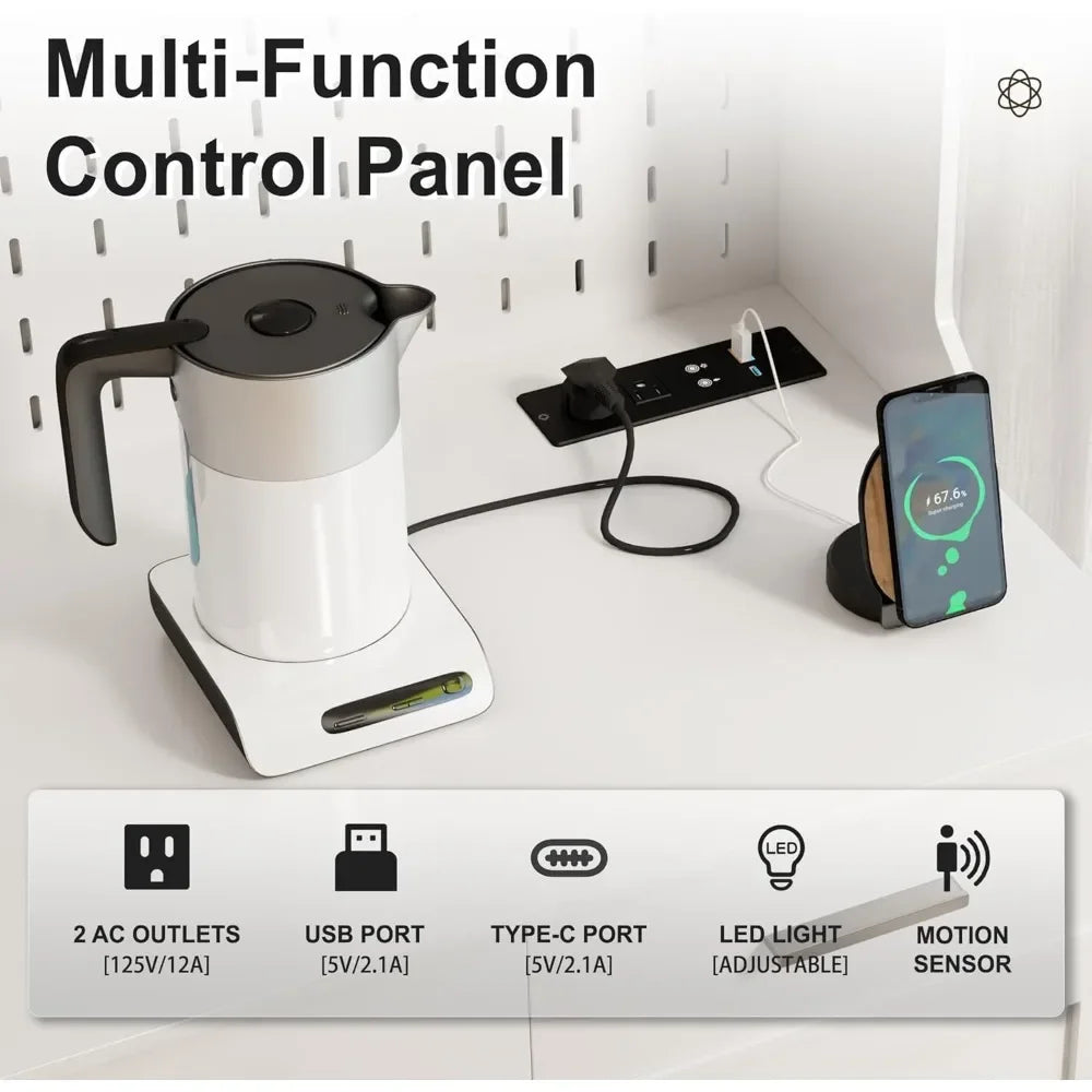 LED Kitchen Pantry Cabinet with Outlets Farmhouse Storage Cabinet with Drawers Adjustable Shelves 64 Inch Cupboard with Pegboard