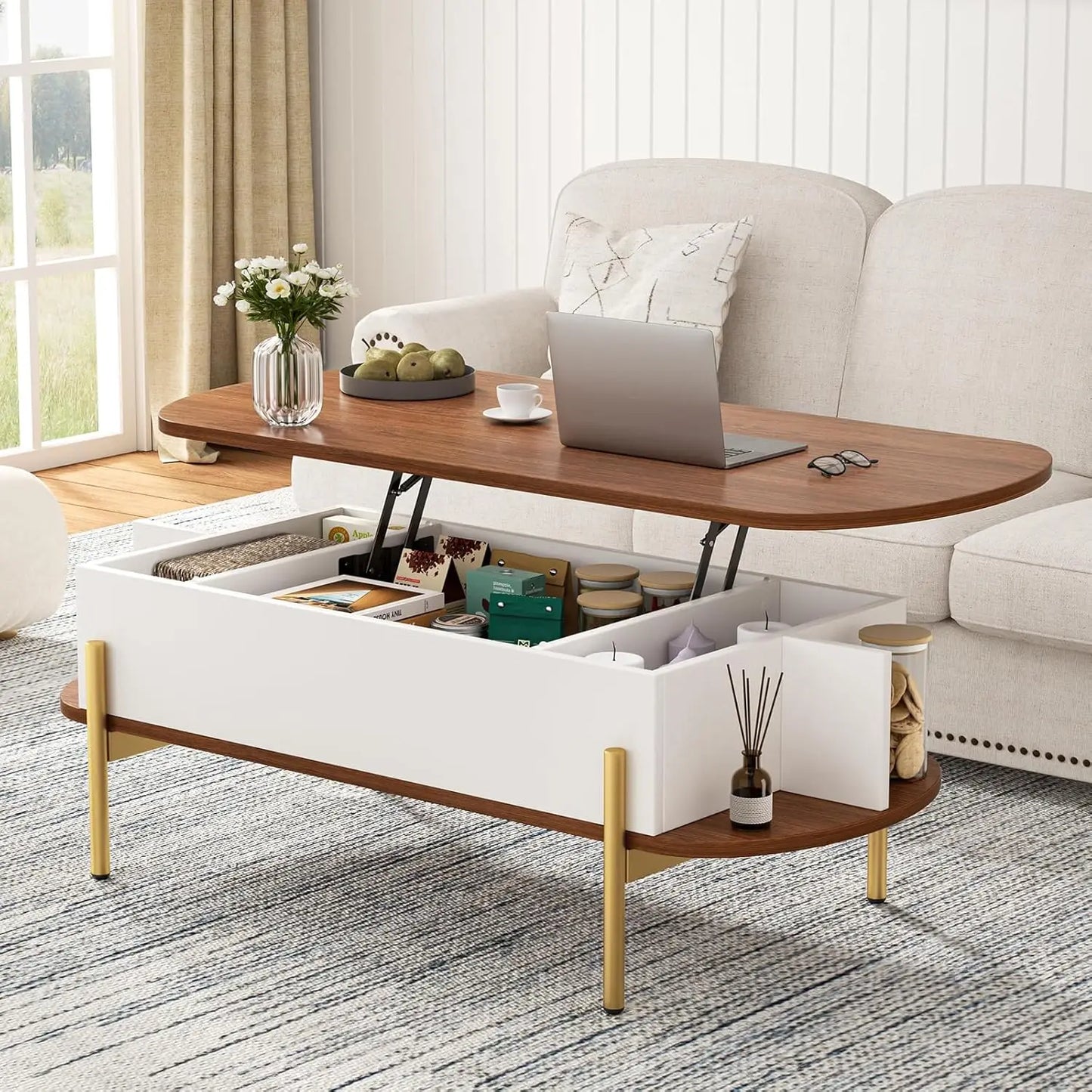 48 Inch Oval Lift Top Coffee Table With Storage Metal Legs