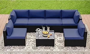 7 Pieces Outdoor Patio Furniture Set Rattan Sectional Sofa