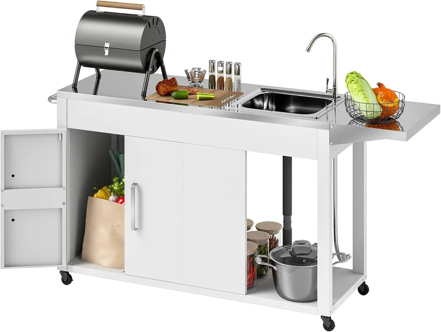 Outdoor Grill Table with Stainless Steel Sink and Drainage Grill Cart Foldable Side Table Kitchen Island on Wheels White