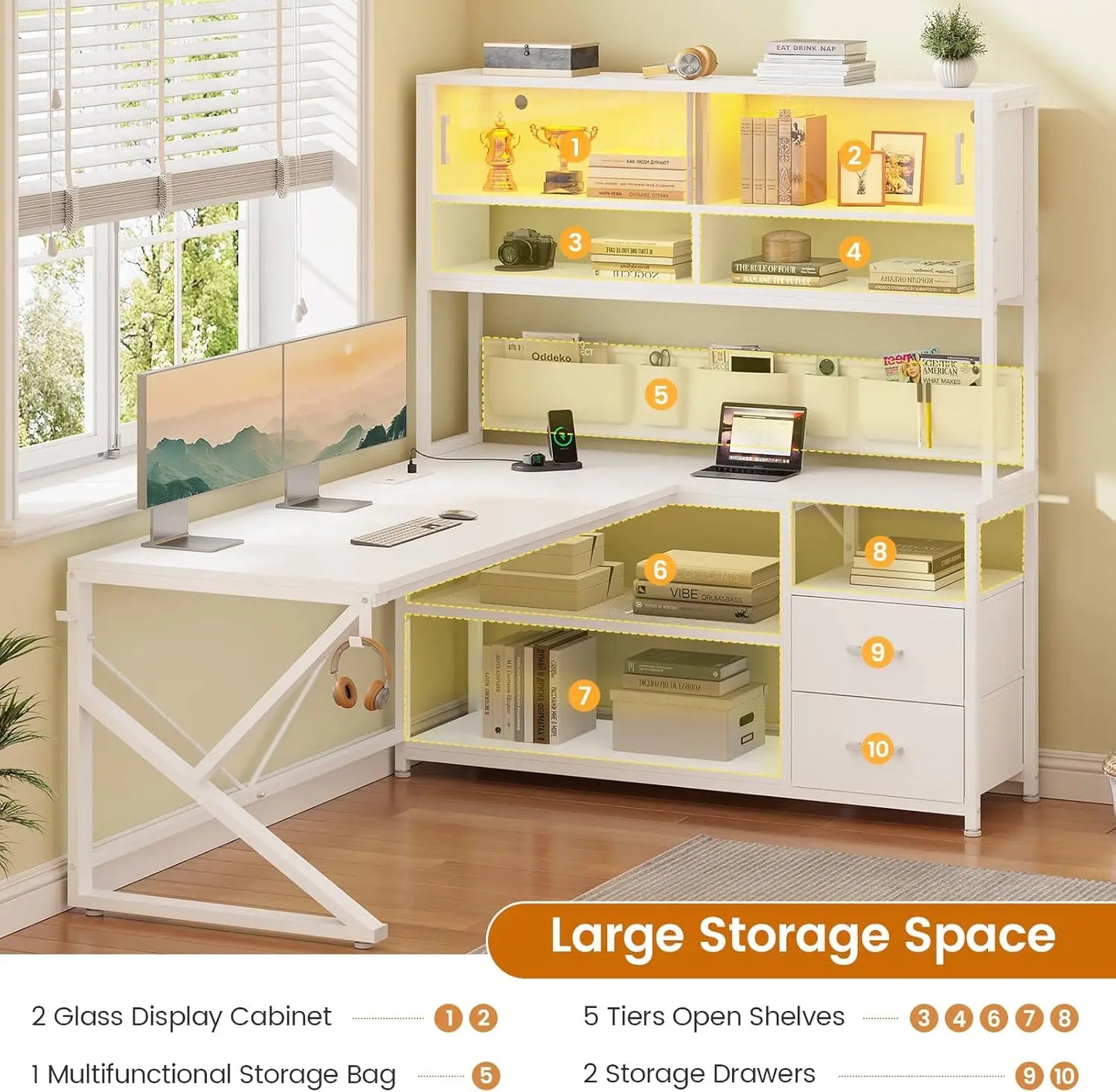 L Shaped Gaming Desk Home Office Computer Desk with 2 Drawers and Bookshelf LED Light Feature