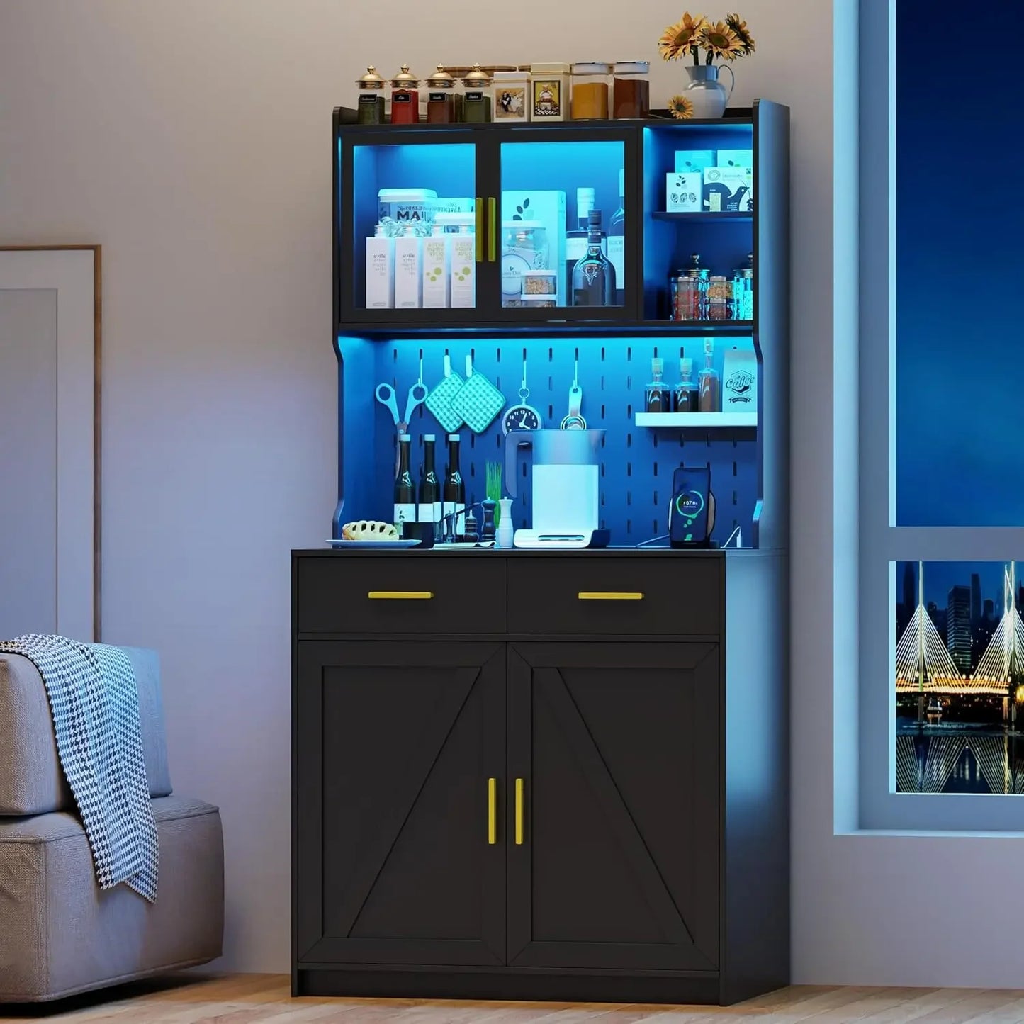 LED Kitchen Pantry Cabinet with Outlets Farmhouse Storage Cabinet with Drawers Adjustable Shelves 64 Inch Cupboard with Pegboard