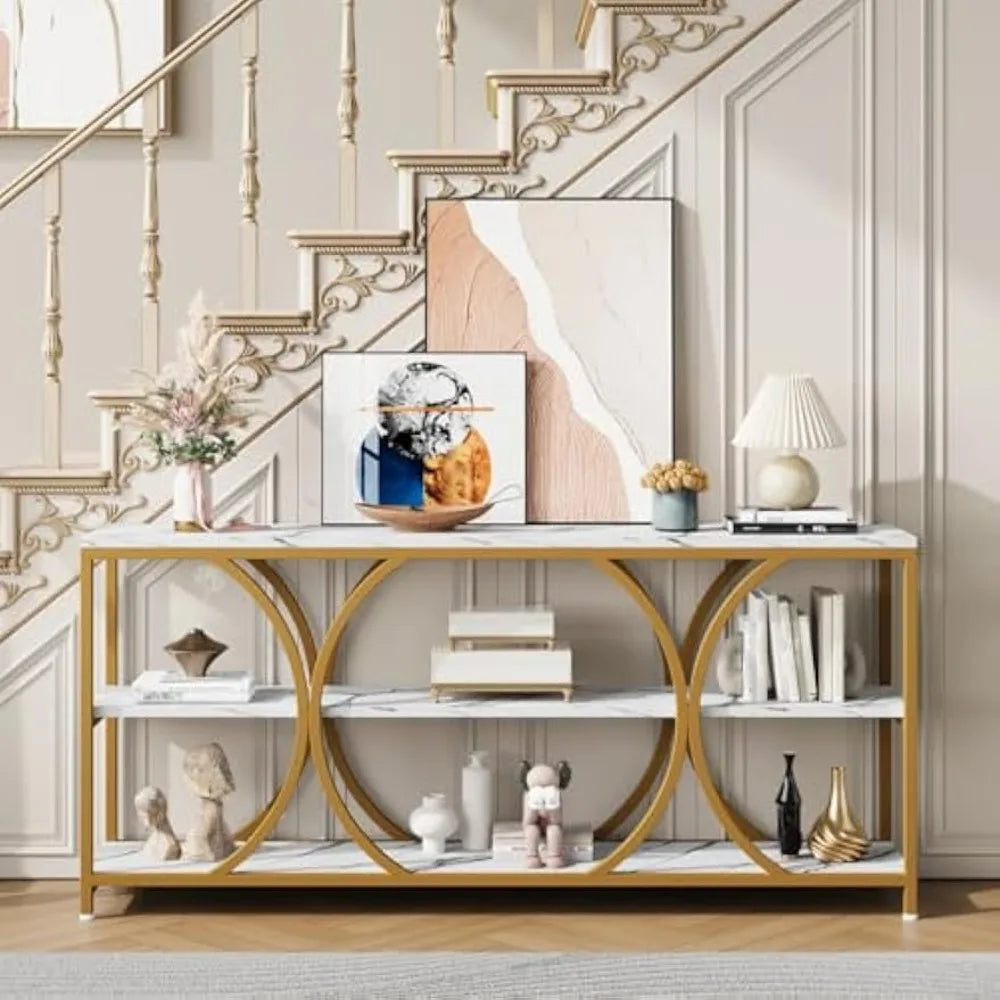 Modern White Gold Console Table 70.8 Inch With 3 Tiers