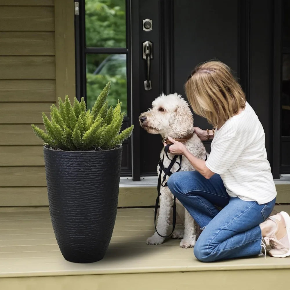 KOL 2 Pack 21 Inch Tall Plastic Planter Large Round Tapered Plant Pots Black Imitation Stone Finish