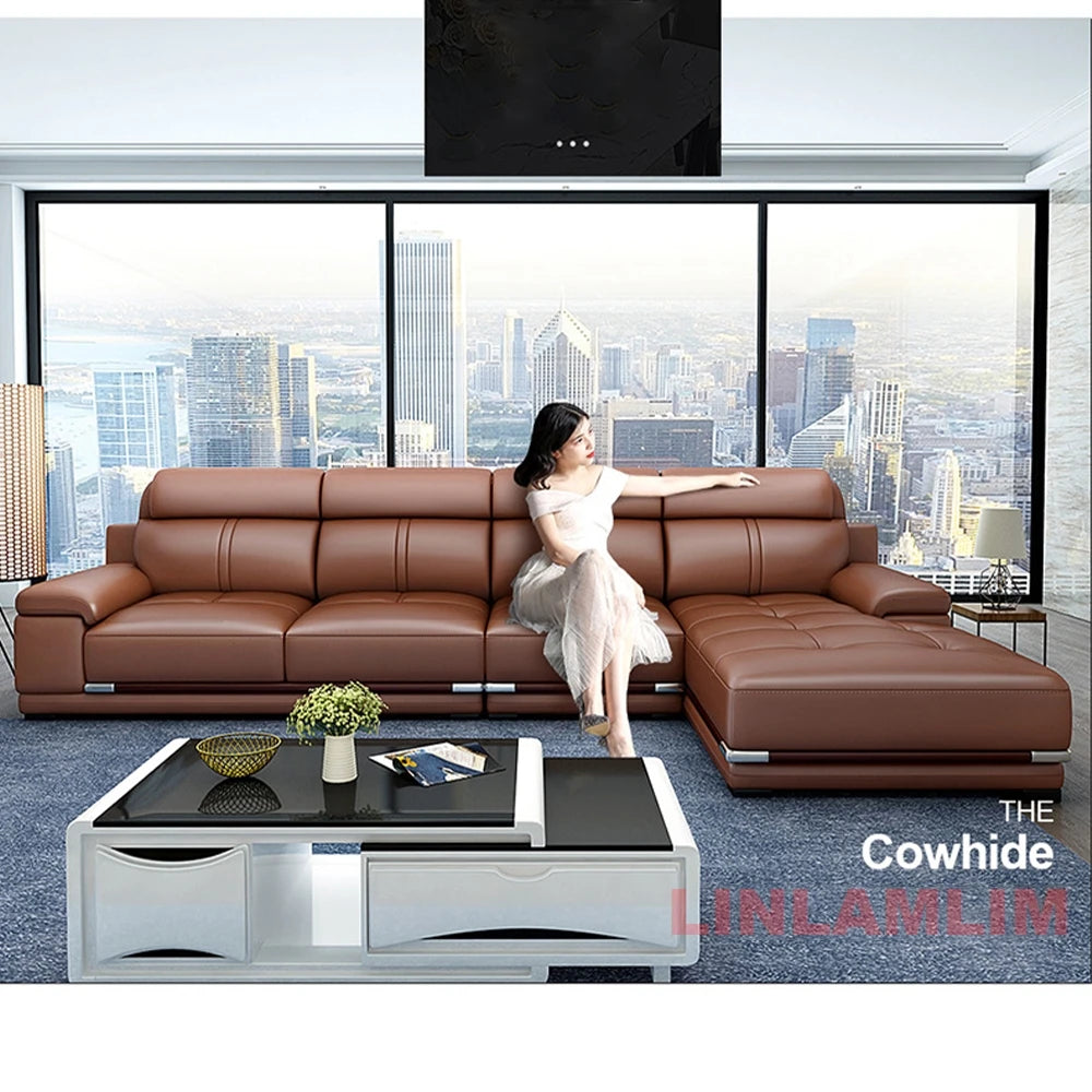 Manbas Modern Luxury L Shaped Leather Sofa Set for Living Room Sectional Corner Couch with Chaise Lounge Minimalist Furniture