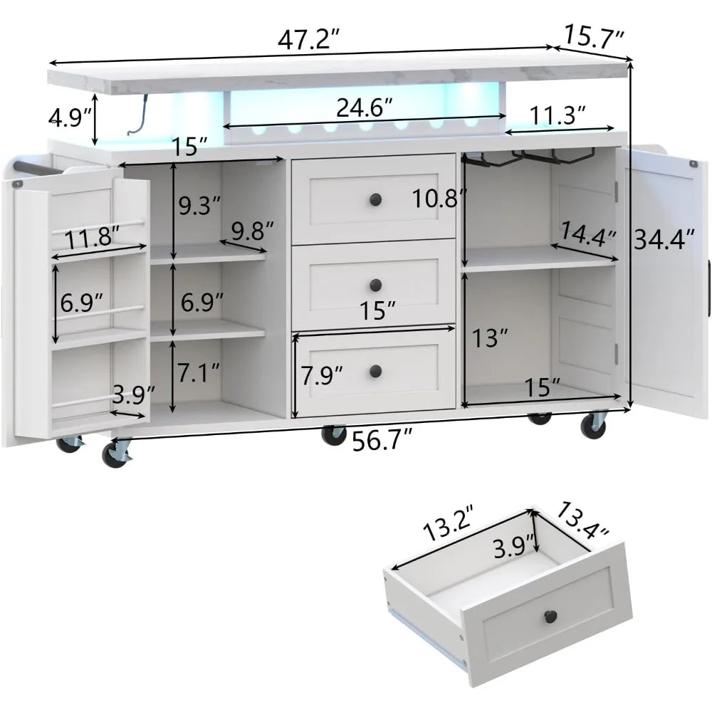 Kitchen Island Wheels With LED Lights 3 Drawers Spice Rack