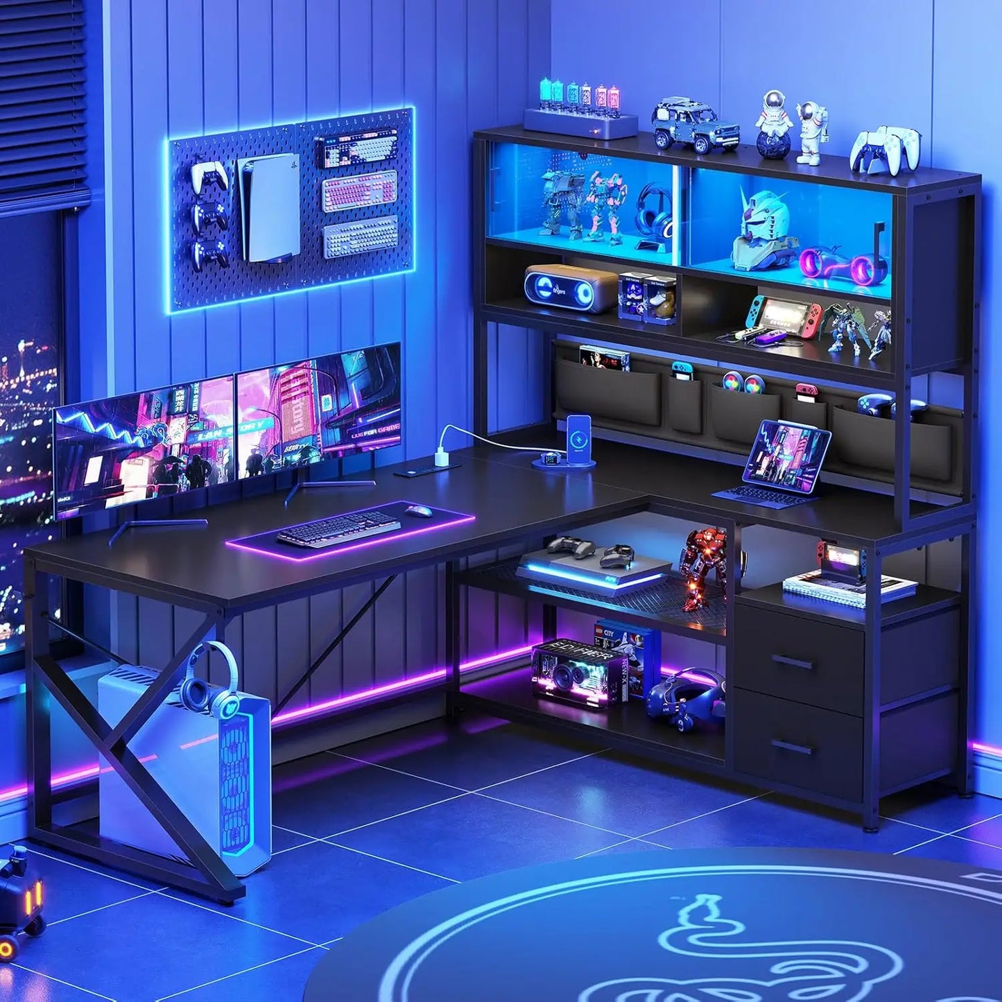 L Shaped Gaming Desk Home Office Computer Desk with 2 Drawers and Bookshelf LED Light Feature
