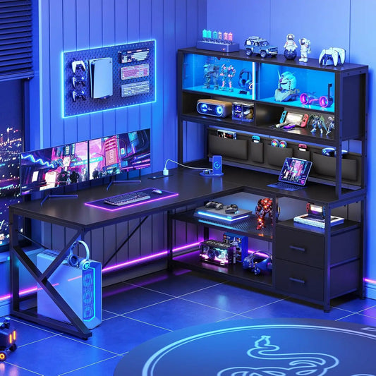 L Shaped Gaming Desk Home Office Computer Desk with 2 Drawers and Bookshelf LED Light Feature