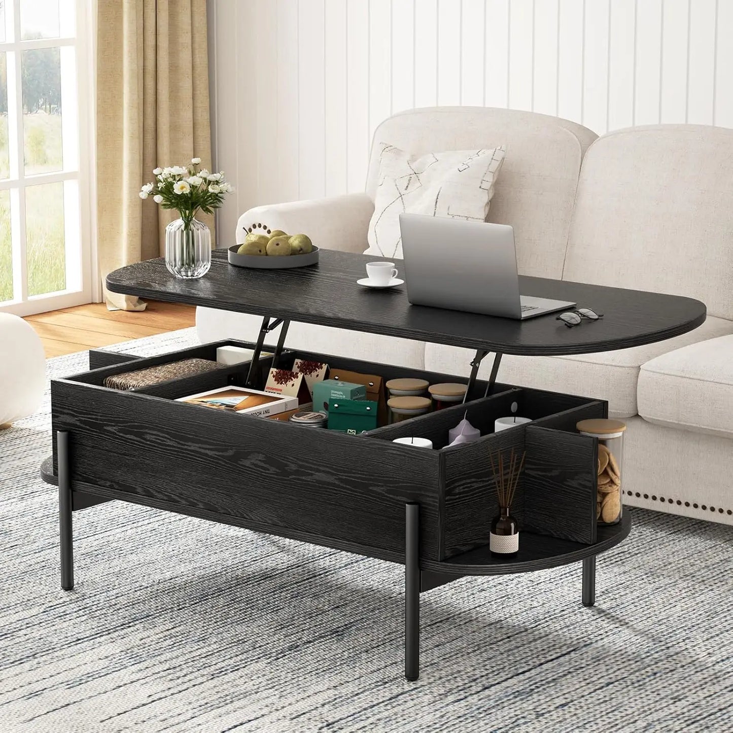 48 Inch Oval Lift Top Coffee Table With Storage Metal Legs