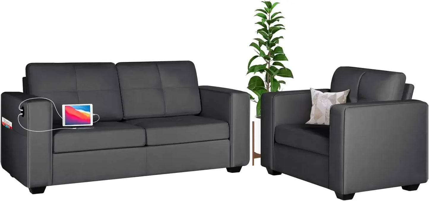 Modern Sectional Sofa Set 2 Piece Tufted Mid Century Loveseat Couch with USB Charging Ports Dark Grey