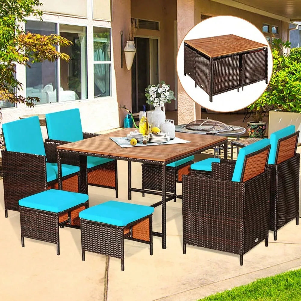 Rattan Wicker Patio Dining Set with Turquoise Cushion