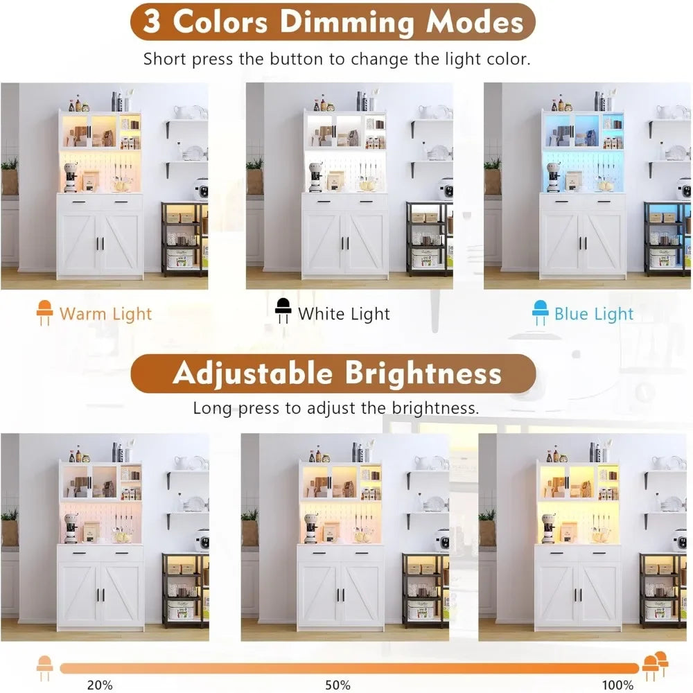 LED Kitchen Pantry Cabinet with Outlets Farmhouse Storage Cabinet with Drawers Adjustable Shelves 64 Inch Cupboard with Pegboard