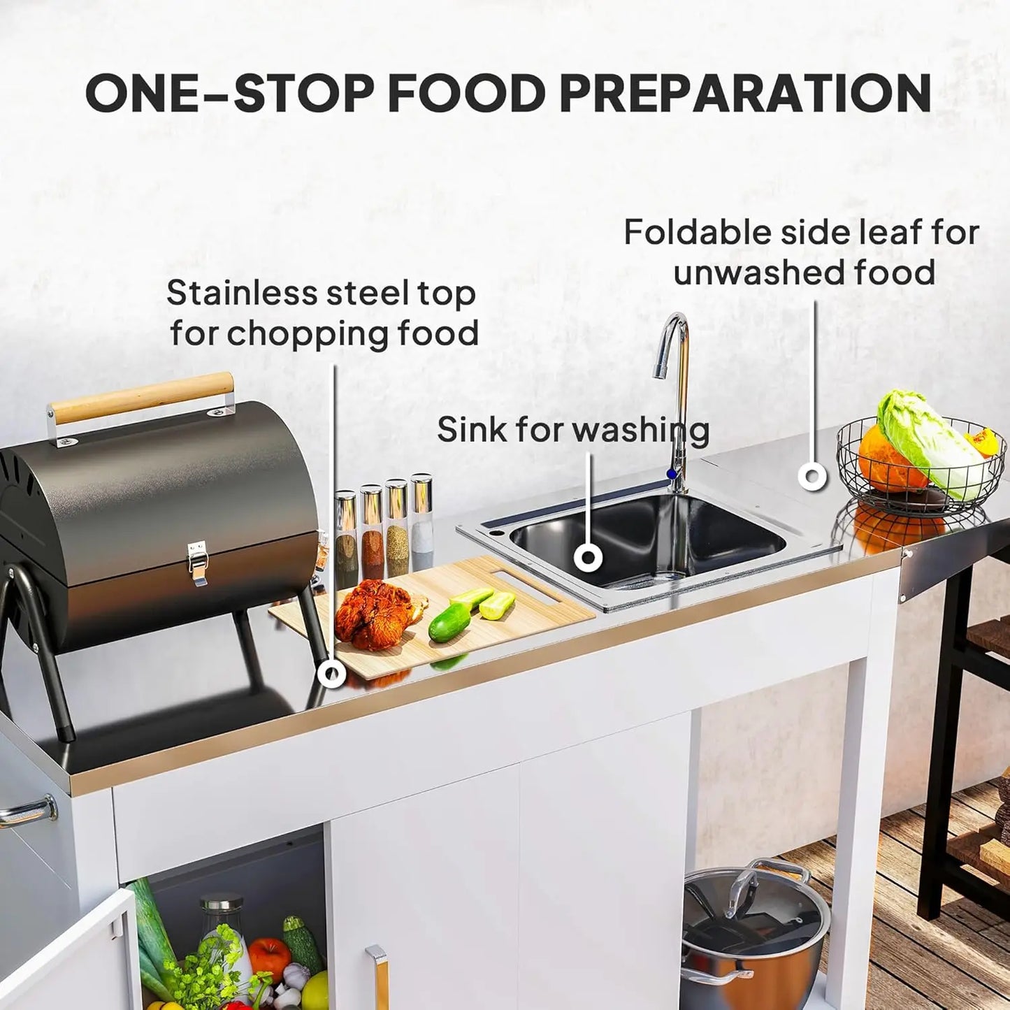 Outdoor Grill Table with Stainless Steel Sink and Drainage Grill Cart Foldable Side Table Kitchen Island on Wheels White