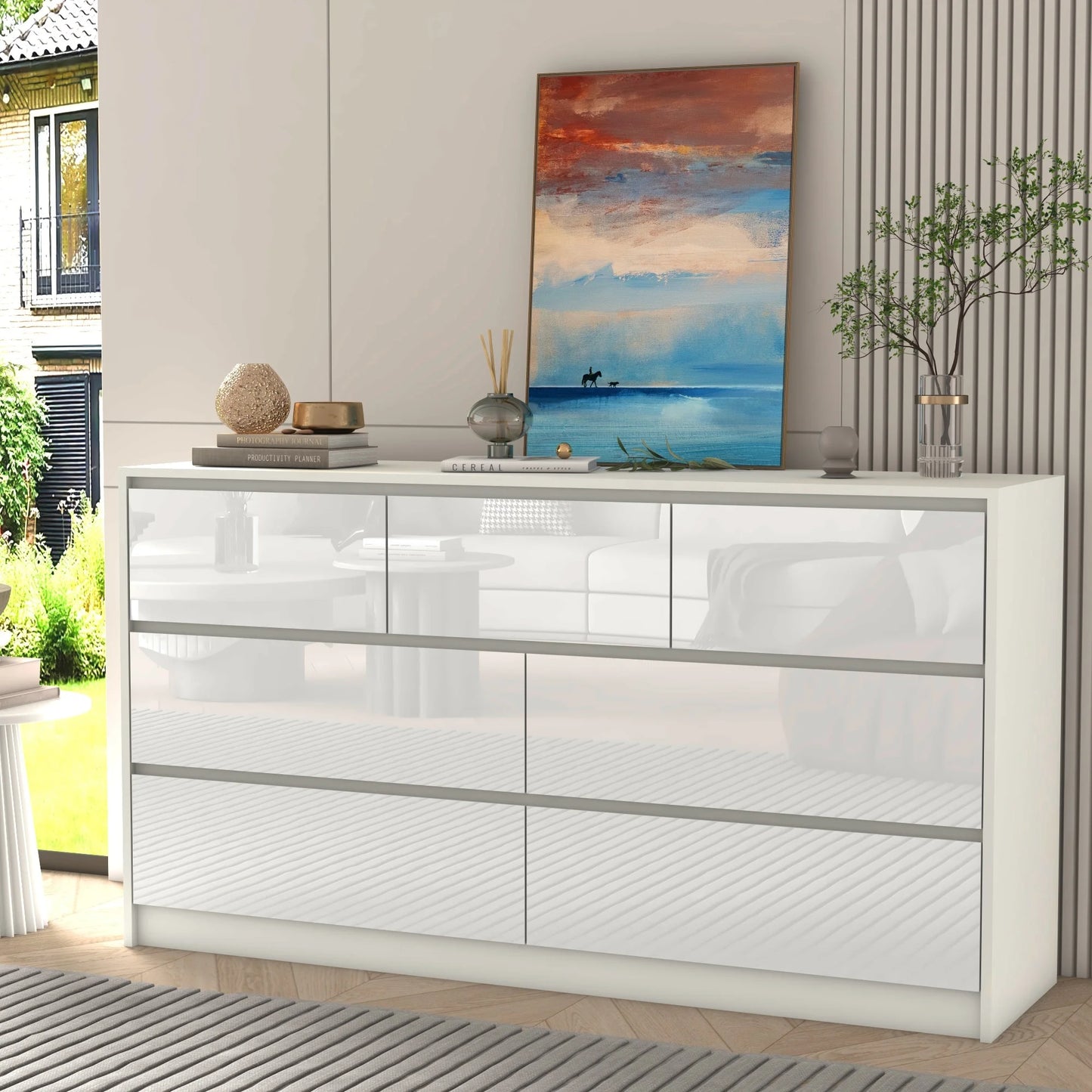 7 Drawer Dresser for Bedroom 55 Inch Modern High Gloss White and Black Wood Chest of Drawers