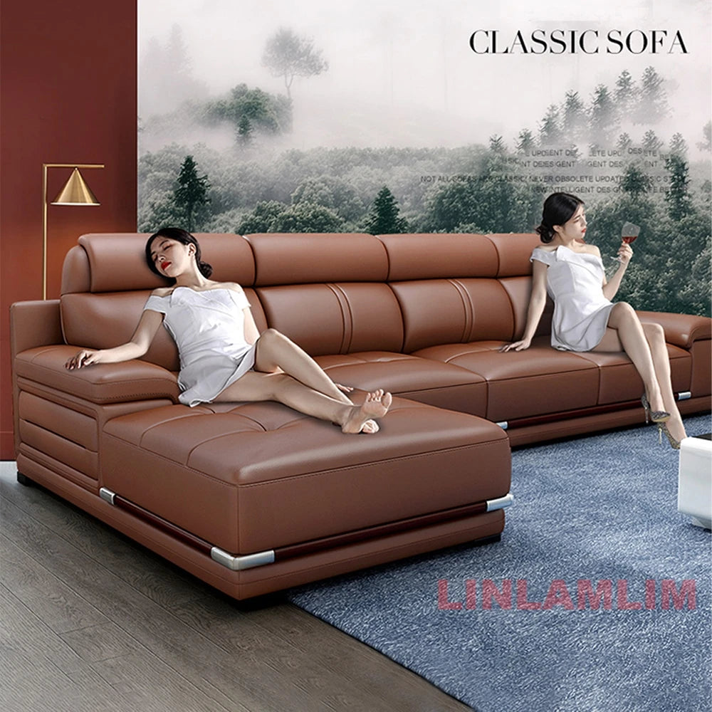 Manbas Modern Luxury L Shaped Leather Sofa Set for Living Room Sectional Corner Couch with Chaise Lounge Minimalist Furniture