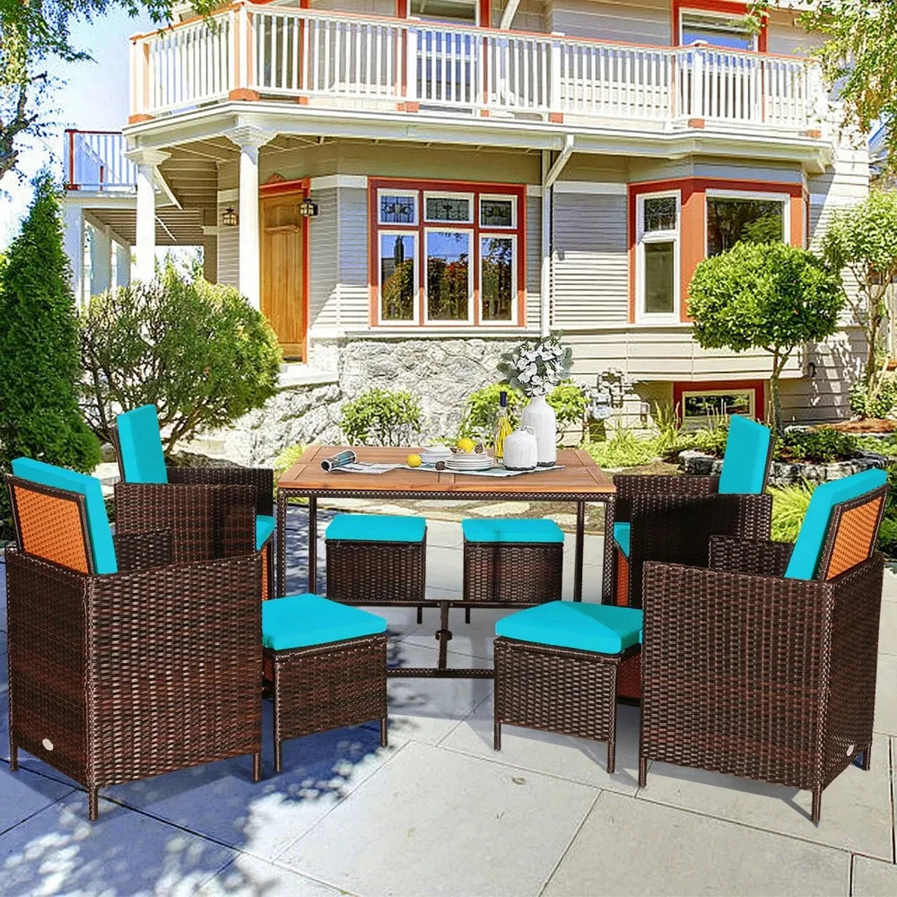 9 Piece Rattan Wicker Patio Dining Set Turquoise Cushions