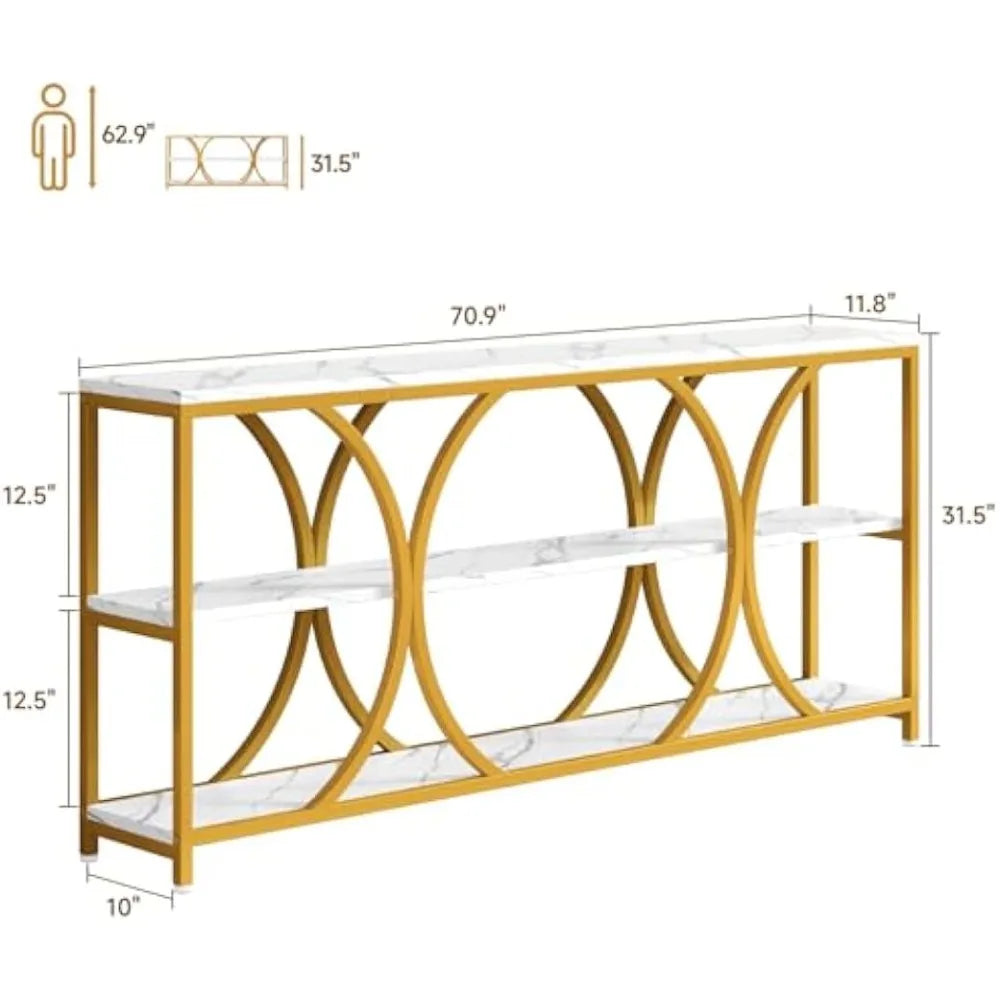 Modern White Gold Console Table 70.8 Inch With 3 Tiers