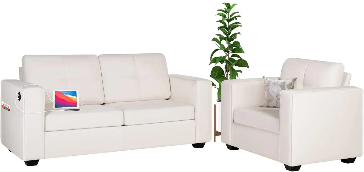 Modern Sectional Sofa Set 2 Piece Tufted Mid Century Loveseat Couch with USB Charging Ports Dark Grey