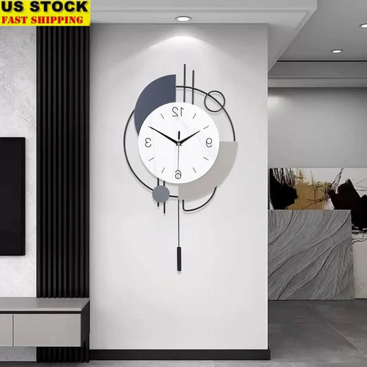 Silent Quartz Wall Clock with Pendulum Decorative Metal Clock Stylish Art Deco Design Battery Operated for Living Room and Bedroom