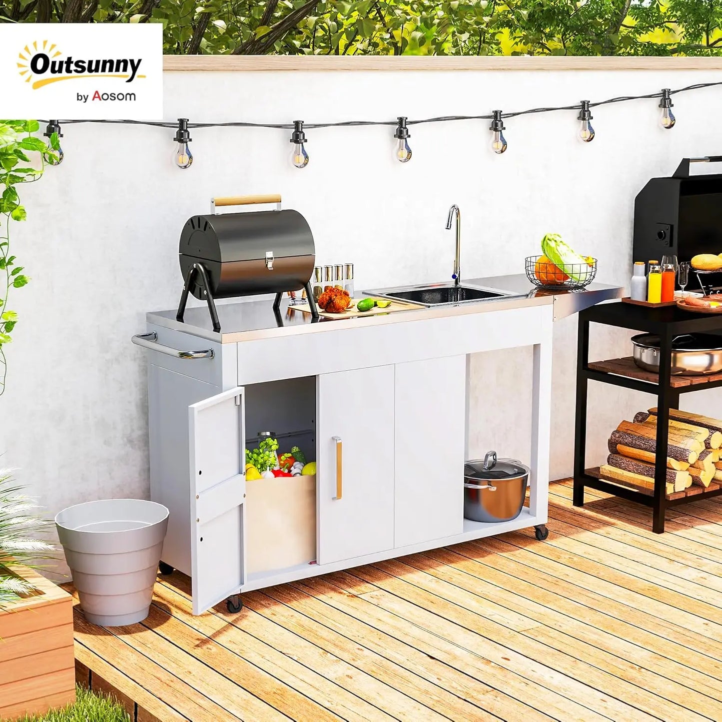 Outdoor Grill Table with Stainless Steel Sink and Drainage Grill Cart Foldable Side Table Kitchen Island on Wheels White