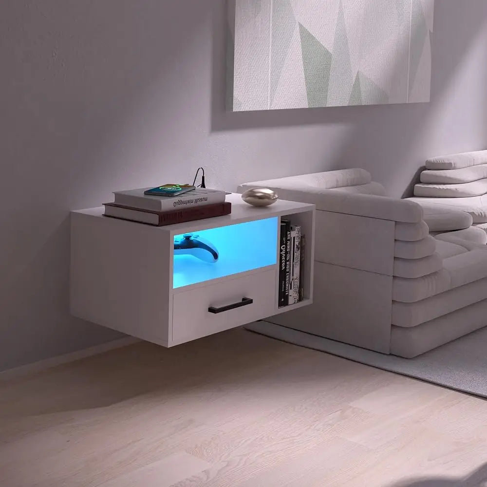 Floating Nightstand With Charging Station And LED Strips
