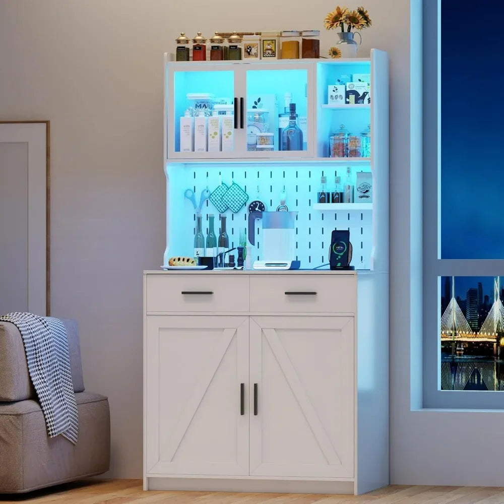 LED Kitchen Pantry Cabinet with Outlets Farmhouse Storage Cabinet with Drawers Adjustable Shelves 64 Inch Cupboard with Pegboard