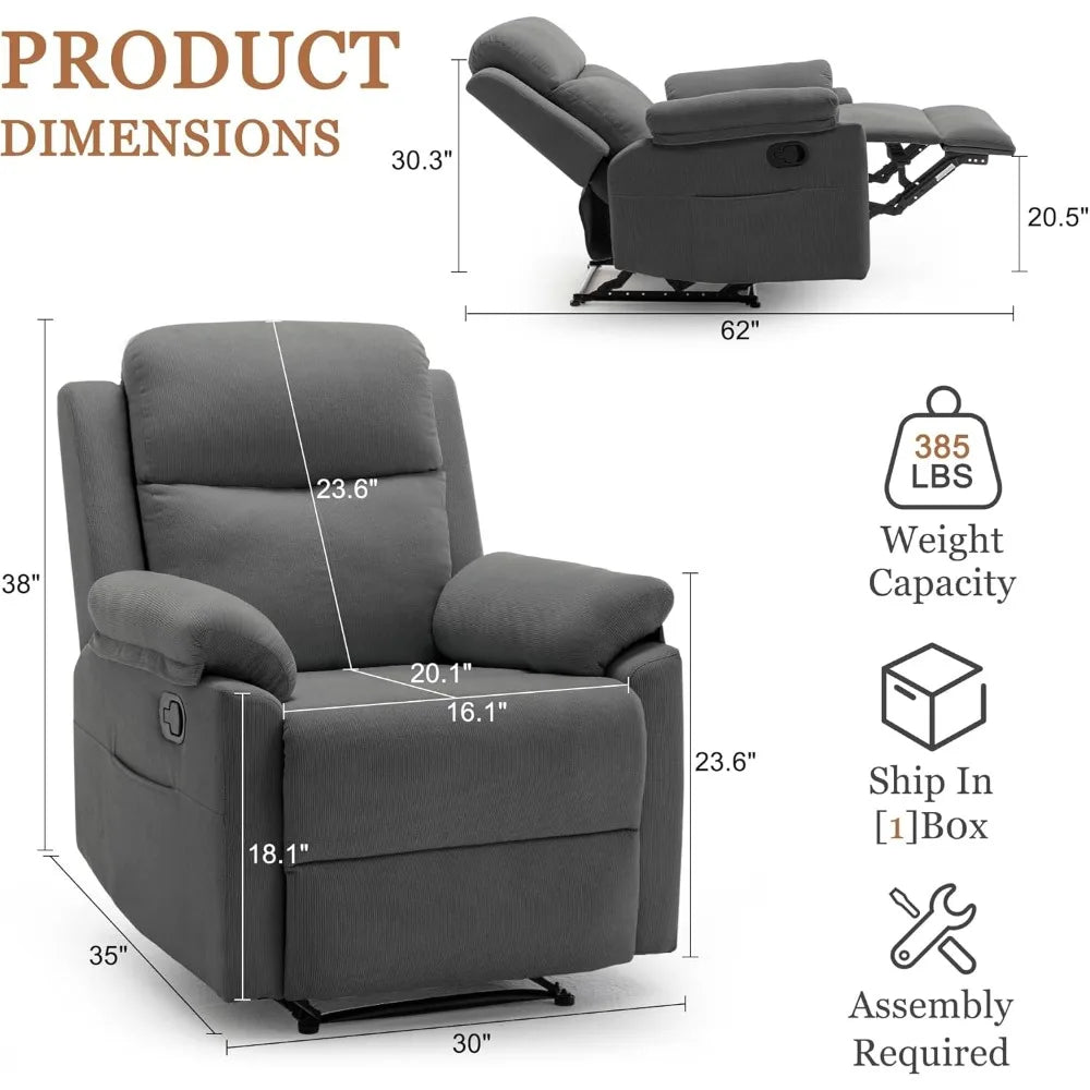 Recliner Chair for Adults Small Recliner Chair for Small Spaces Upholstered Manual Recliner with Side Pockets Corduroy Chair