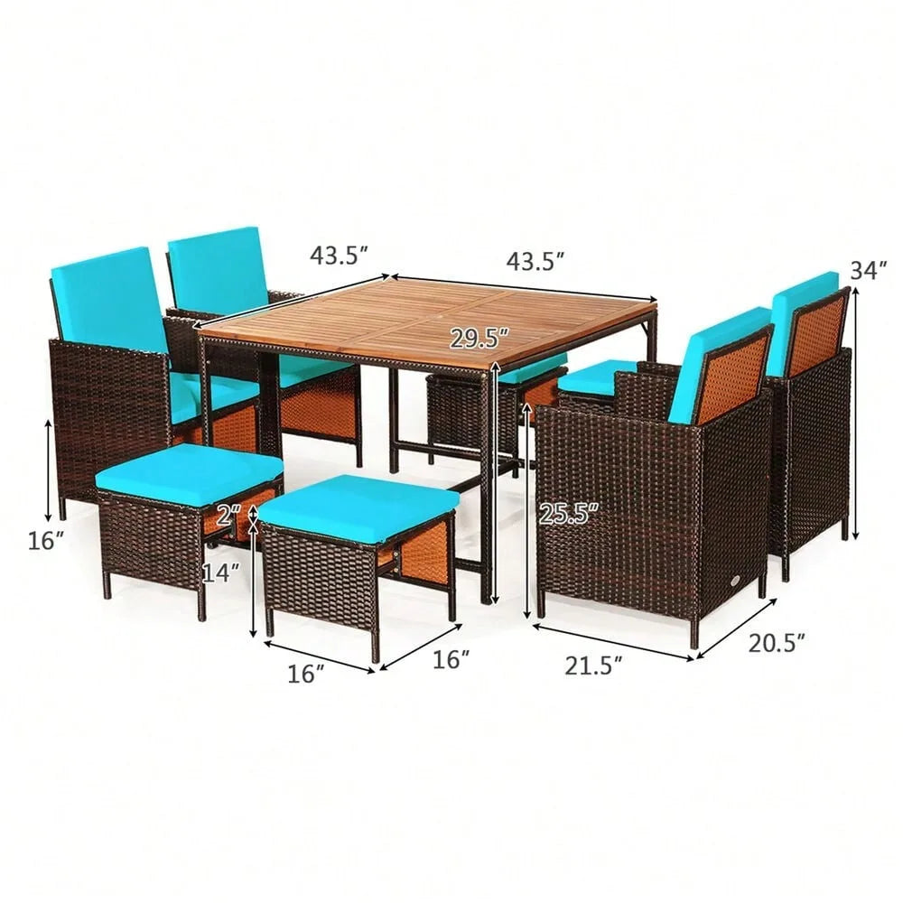 9 Piece Rattan Wicker Patio Dining Set Turquoise Cushions