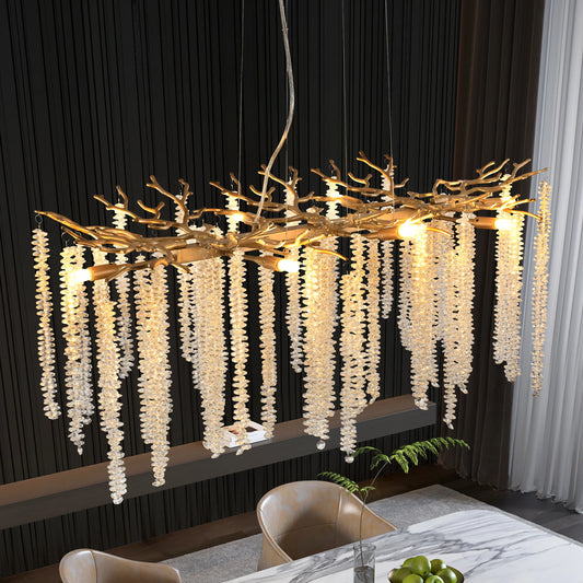 39.4 Inch Modern Golden Chandelier with Cascading Crystal Strings for Living Room Dining Room and Foyer