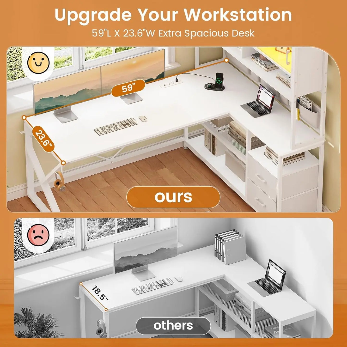 L Shaped Gaming Desk Home Office Computer Desk with 2 Drawers and Bookshelf LED Light Feature