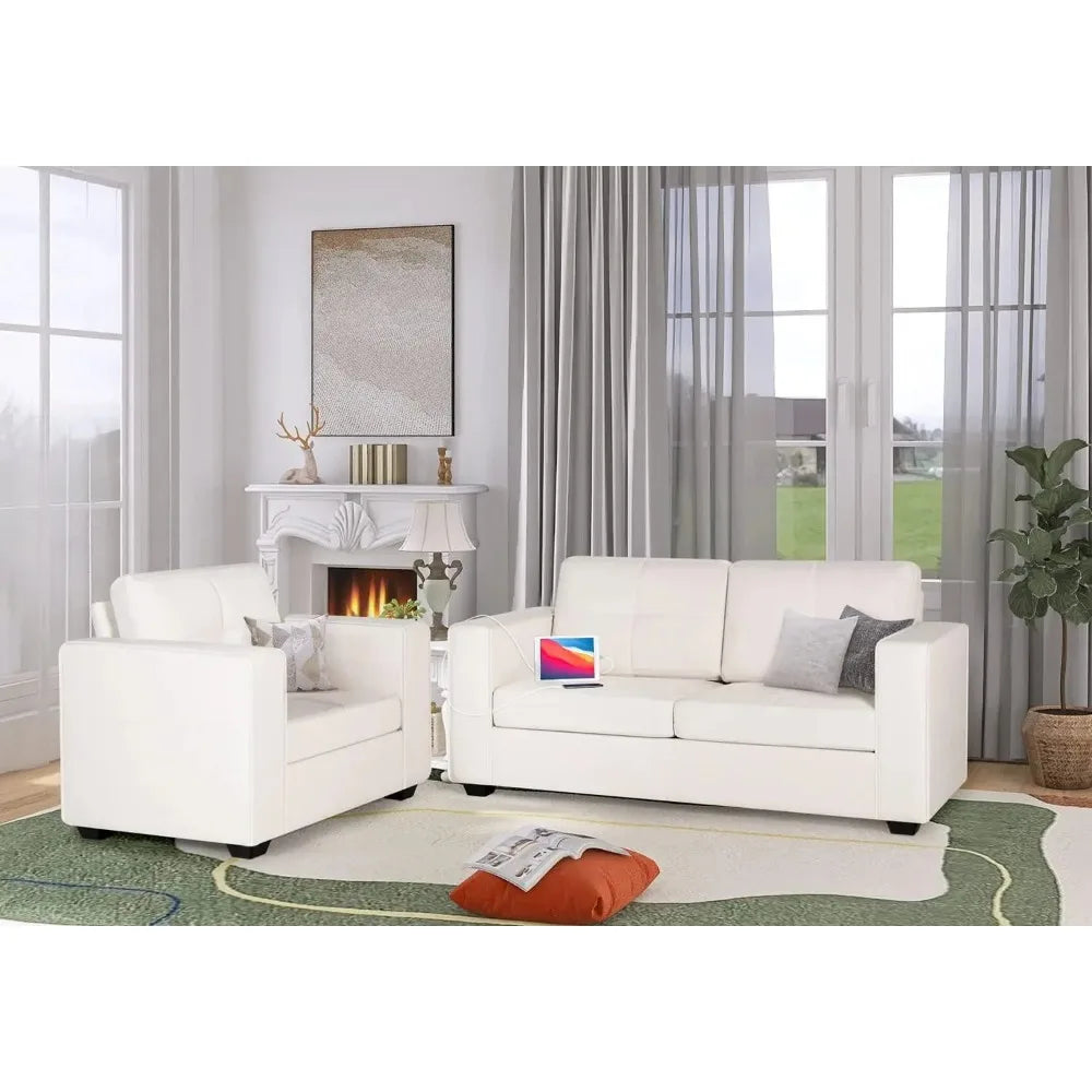 Modern Sectional Sofa Set 2 Piece Tufted Mid Century Loveseat Couch with USB Charging Ports Dark Grey