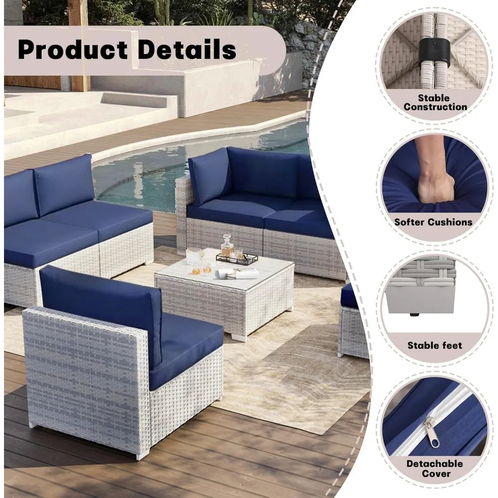 7 Pieces Outdoor Patio Furniture Set Rattan Sectional Sofa