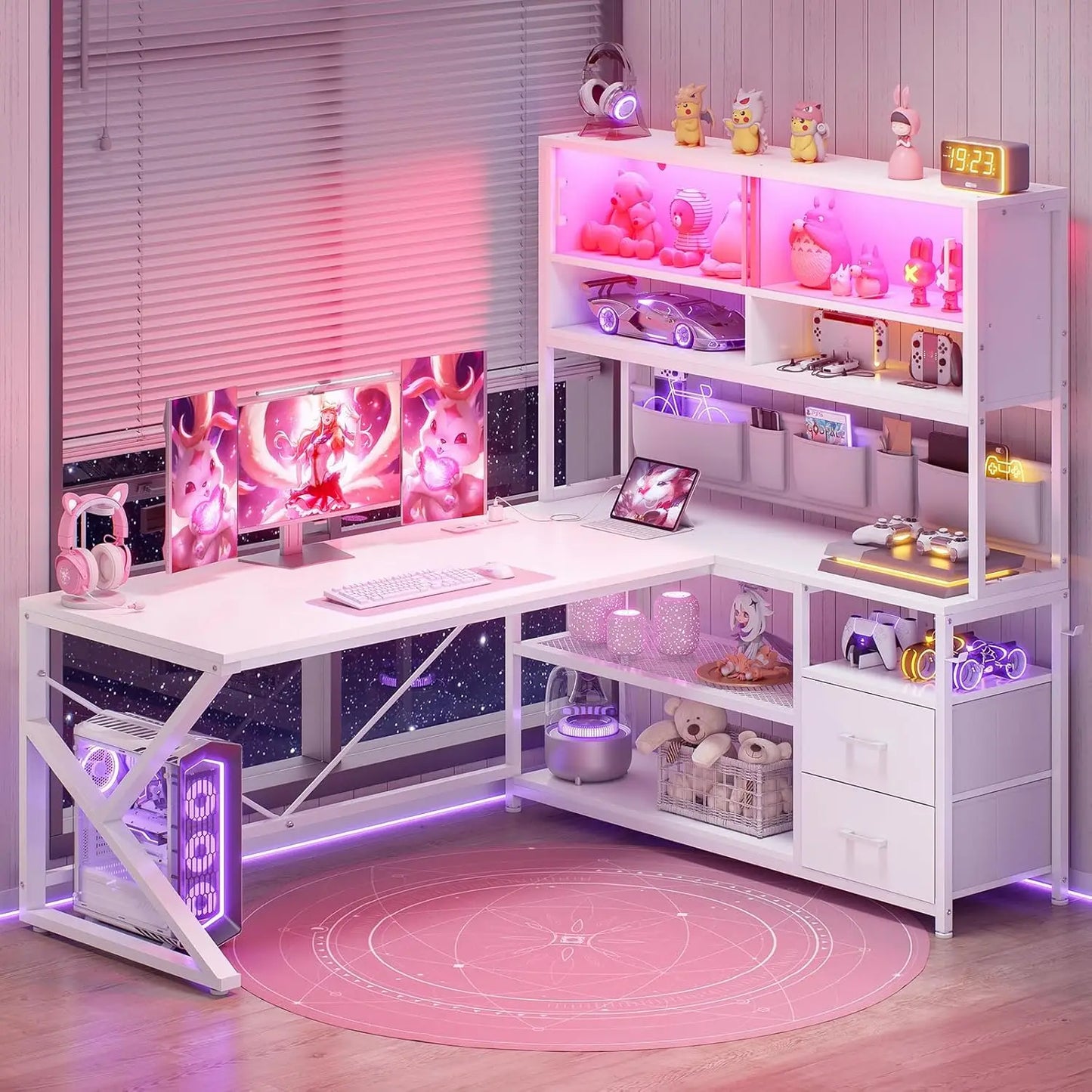 L Shaped Gaming Desk Home Office Computer Desk with 2 Drawers and Bookshelf LED Light Feature