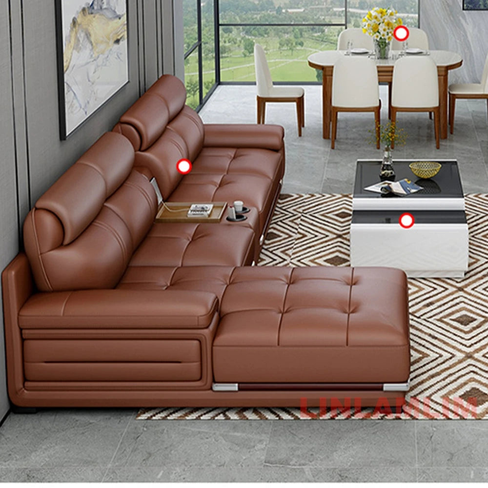 Manbas Modern Luxury L Shaped Leather Sofa Set for Living Room Sectional Corner Couch with Chaise Lounge Minimalist Furniture