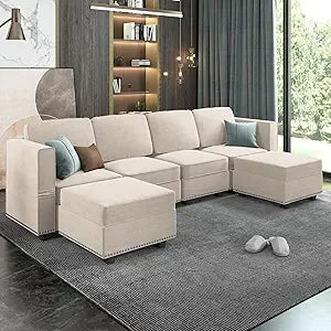 Modular Sectional Sofa 6 Seat U Shaped Sleeper Sofa Couch with Rivet Combination and Storage Ottoman Chaise Adjust