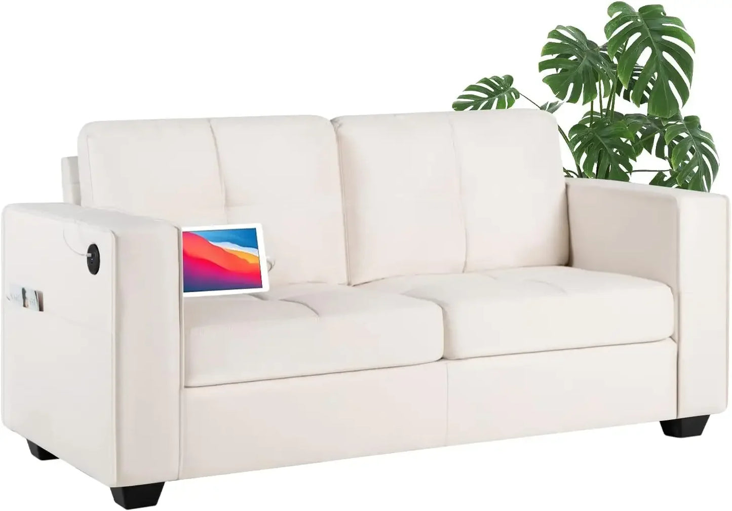 Modern Sectional Sofa Set 2 Piece Tufted Mid Century Loveseat Couch with USB Charging Ports Dark Grey