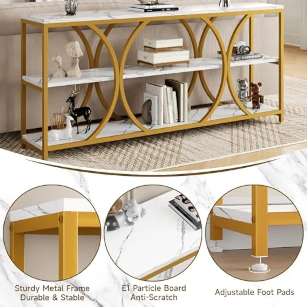 Modern White Gold Console Table 70.8 Inch With 3 Tiers