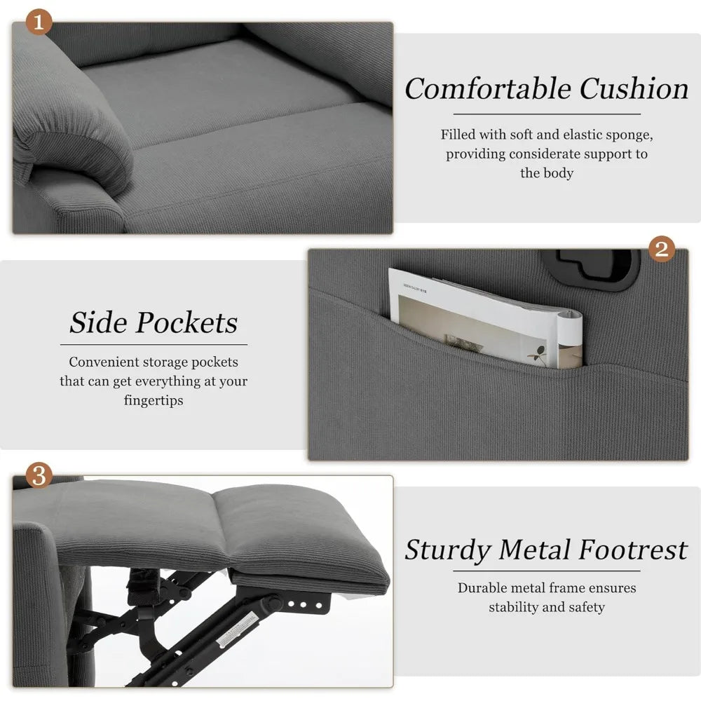 Recliner Chair for Adults Small Recliner Chair for Small Spaces Upholstered Manual Recliner with Side Pockets Corduroy Chair