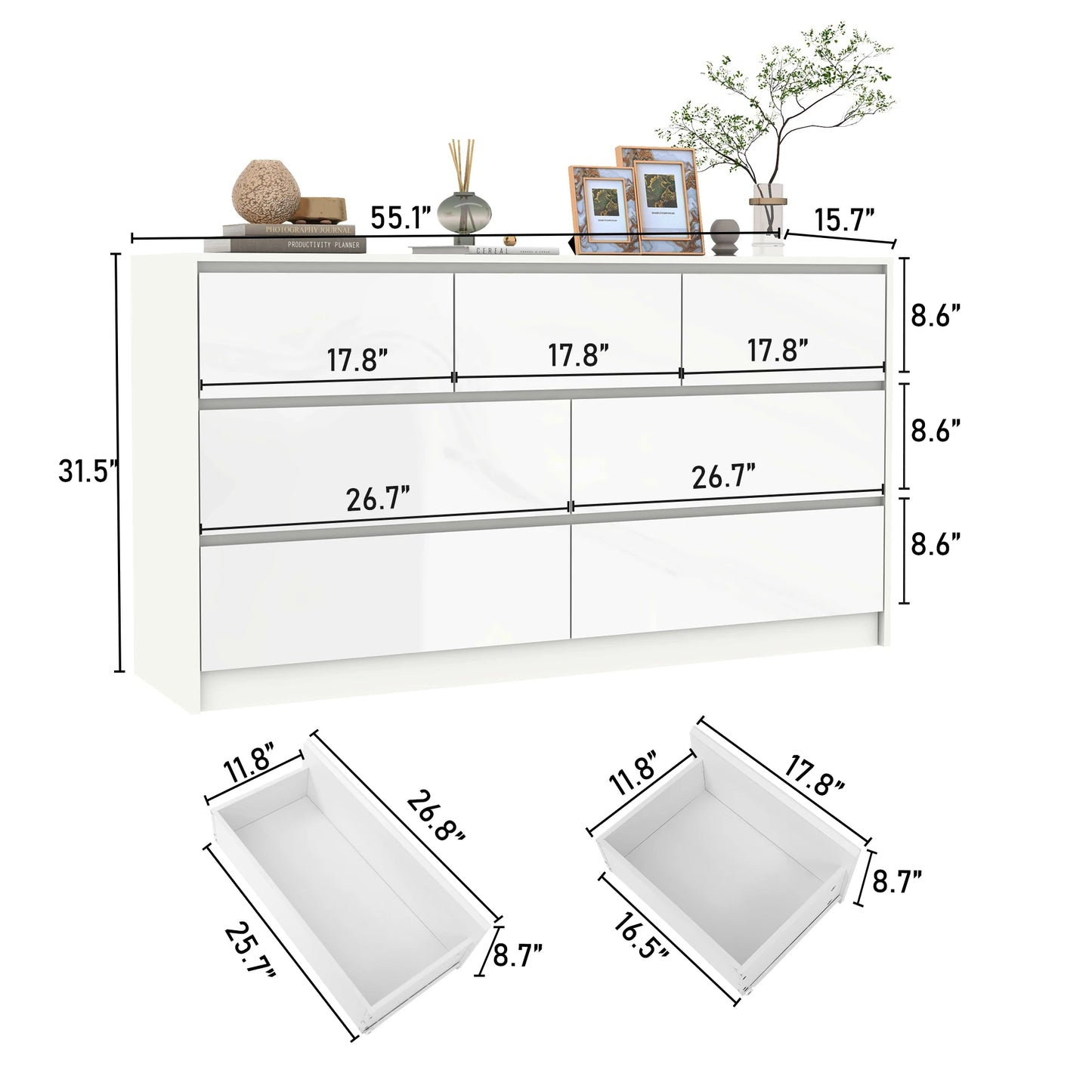 7 Drawer Dresser for Bedroom 55 Inch Modern High Gloss White and Black Wood Chest of Drawers