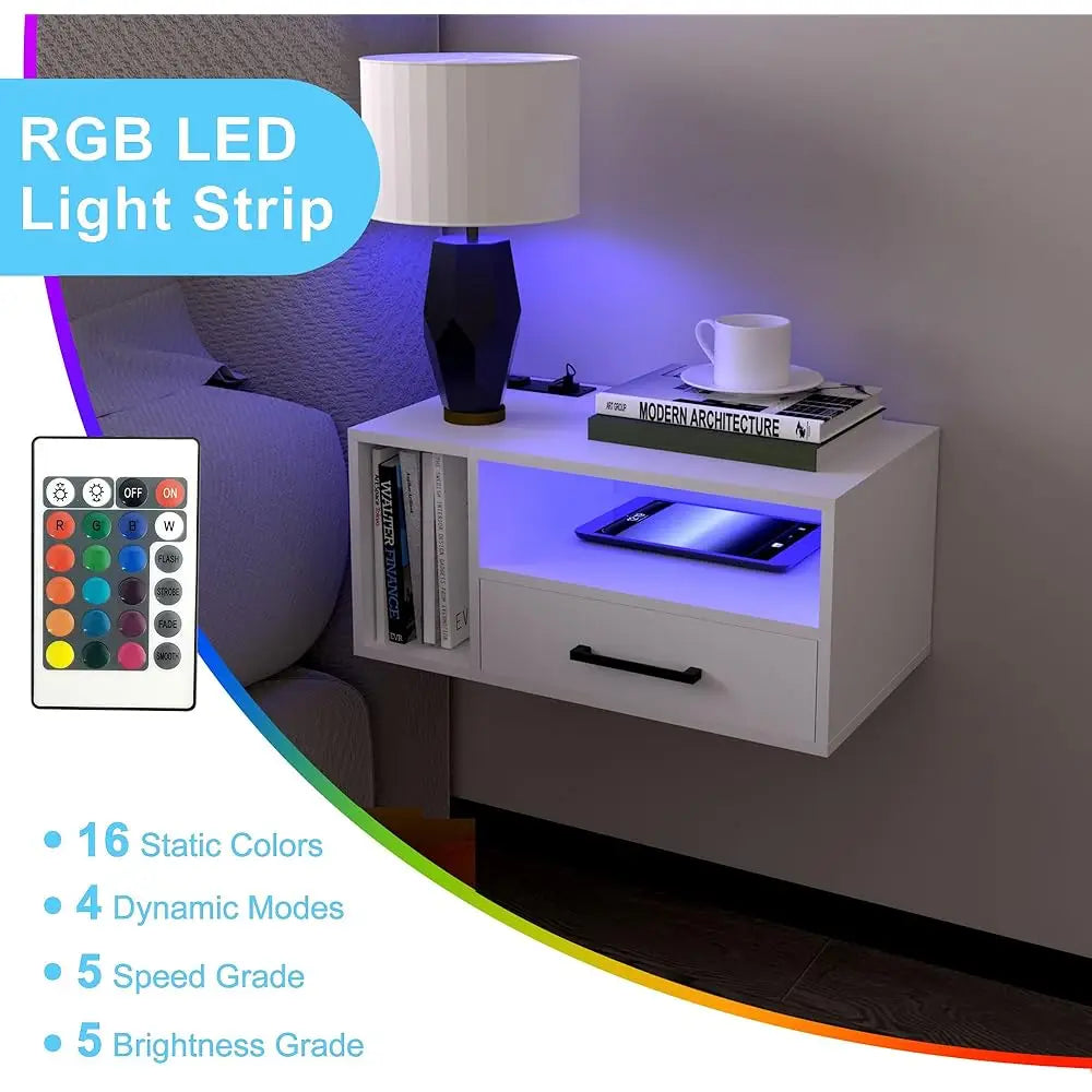 Floating Nightstand With Charging Station And LED Strips