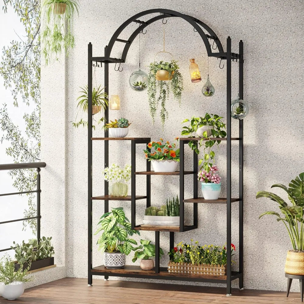 5 Tier Tall Indoor Plant Stand 74.8 Inch Arched Metal Flower Shelf with Hanging Hooks Large Bonsai Pots Display Rack