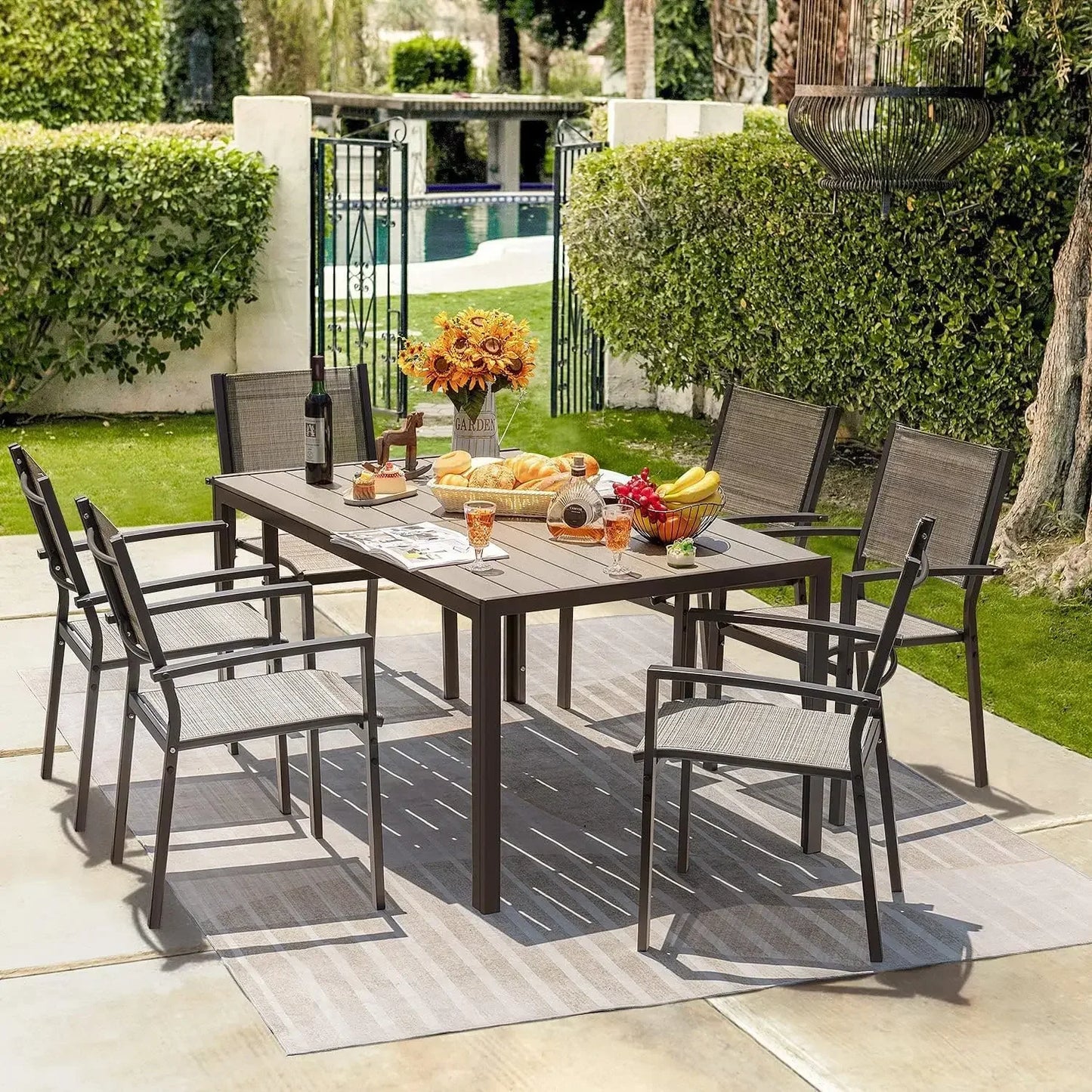 Patio Dining Set 7 Pieces Outdoor Furniture Large Table and 6 Textilene Chairs Brown