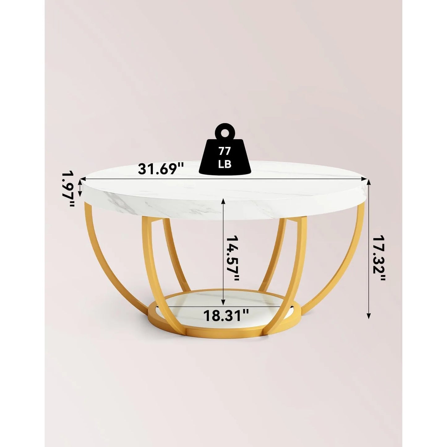 32 Inch Circle Marble Coffee Table with 2 Tier Golden Metal Legs Modern Accent Center Table for Home Furniture