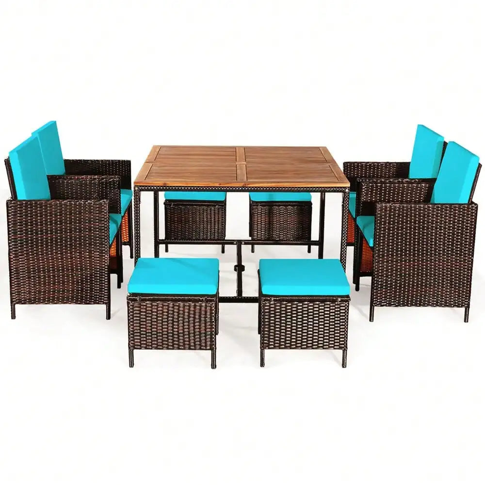 Rattan Wicker Patio Dining Set with Turquoise Cushion