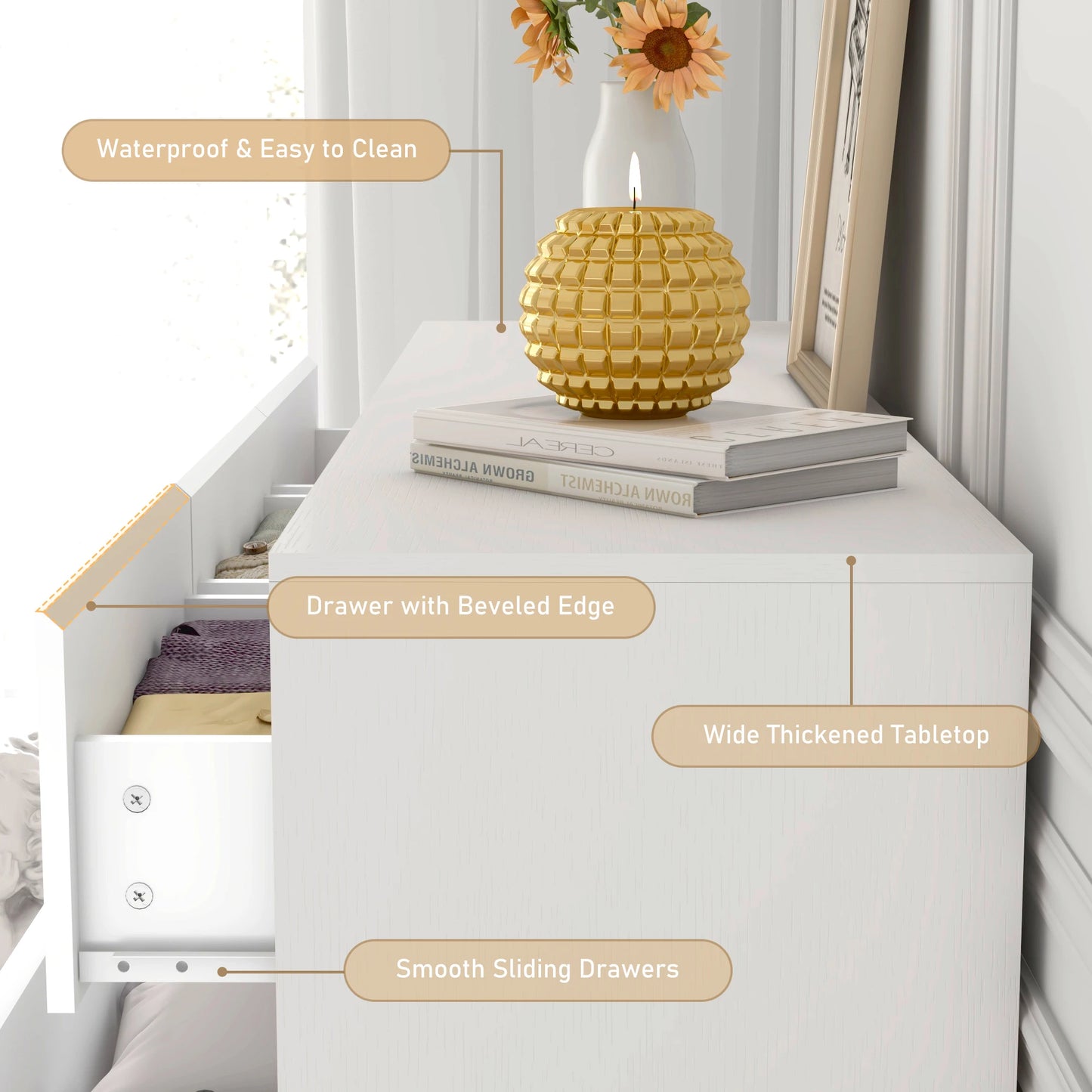 7 Drawer Dresser for Bedroom 55 Inch Modern High Gloss White and Black Wood Chest of Drawers