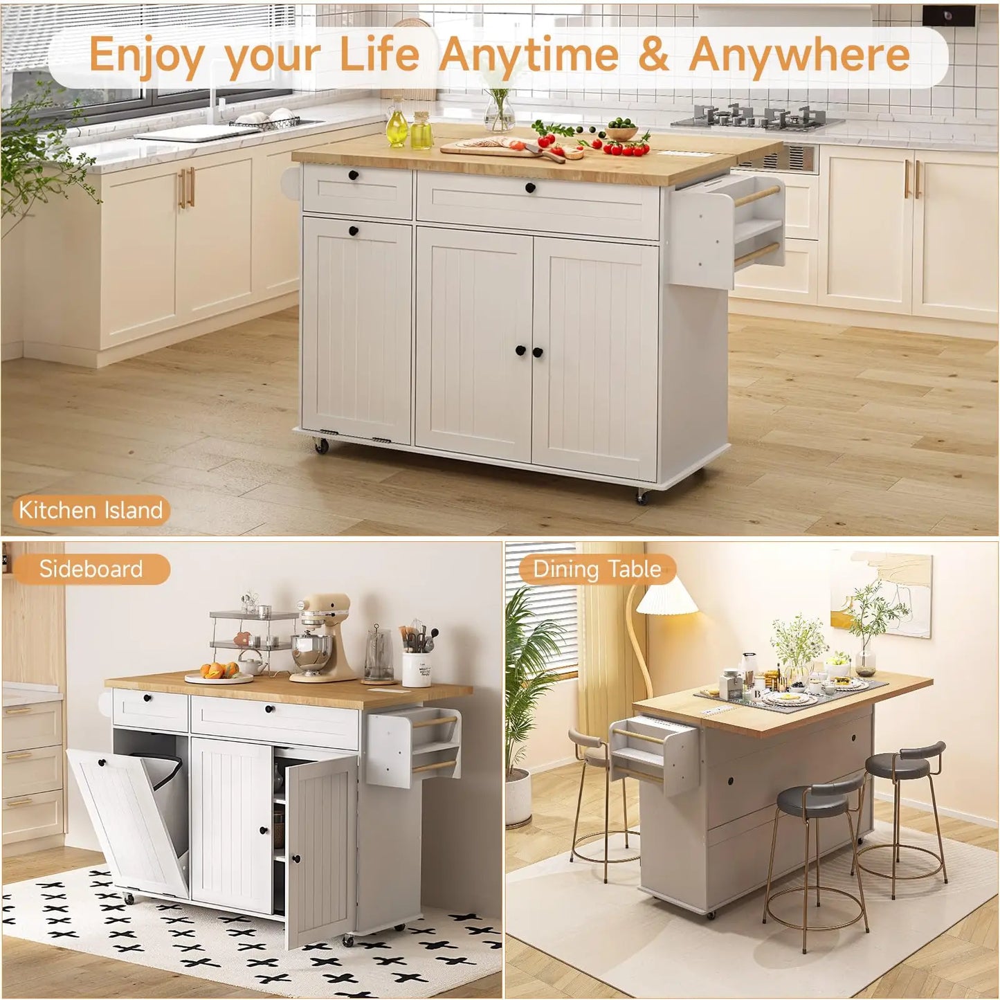 60 Inch Mobile Kitchen Island Rolling Trolley Table with Drop Leaf Power Outlet Spice Rack Towel Rack and Trash Storage