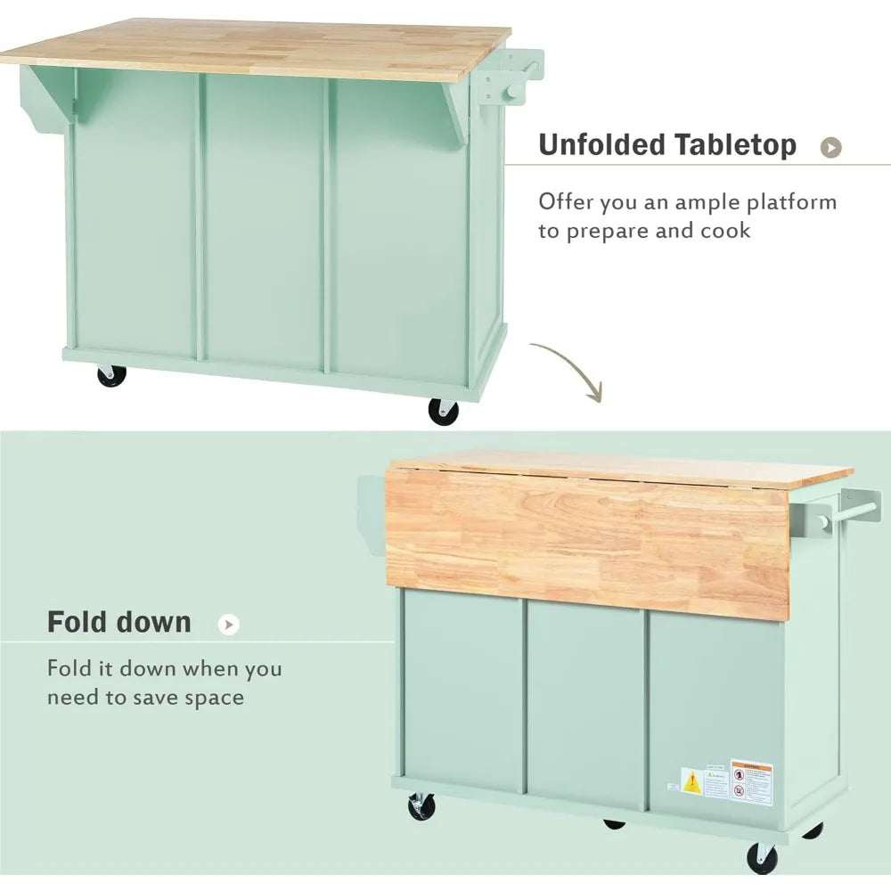 Kitchen Island Cart With Wood Drop Leaf Top 3 Drawers