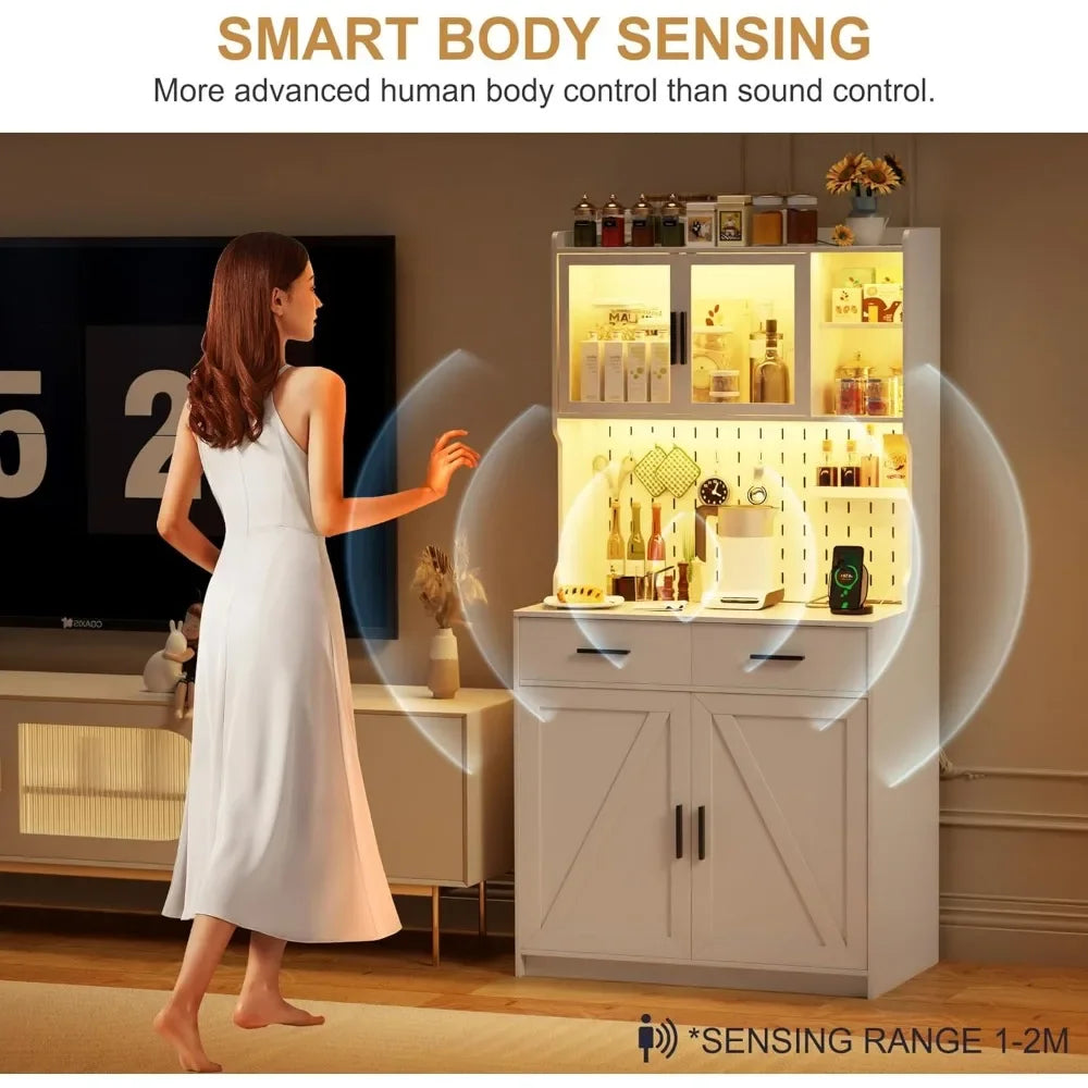 LED Kitchen Pantry Cabinet with Outlets Farmhouse Storage Cabinet with Drawers Adjustable Shelves 64 Inch Cupboard with Pegboard