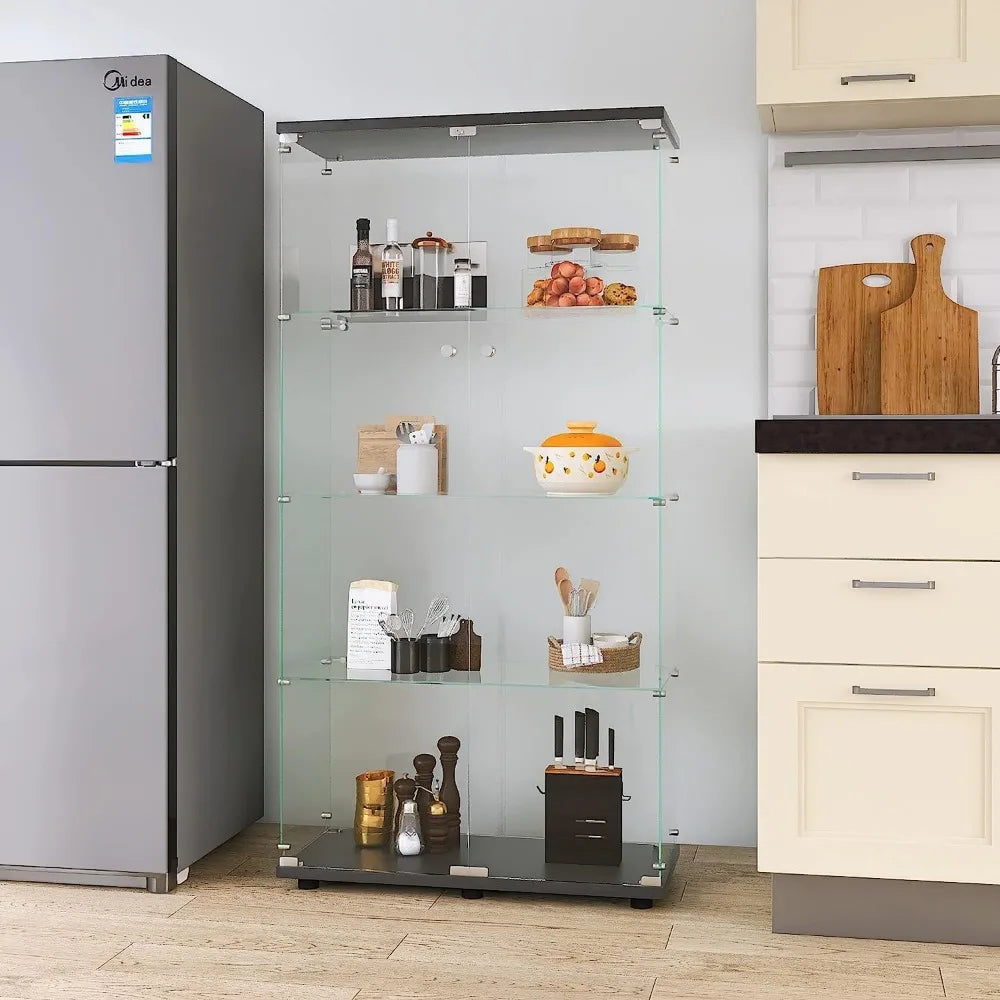 Glass Display Cabinet 4 Shelf Double Door Curio Cabinet Tempered Glass Floor Standing Bookshelf Black